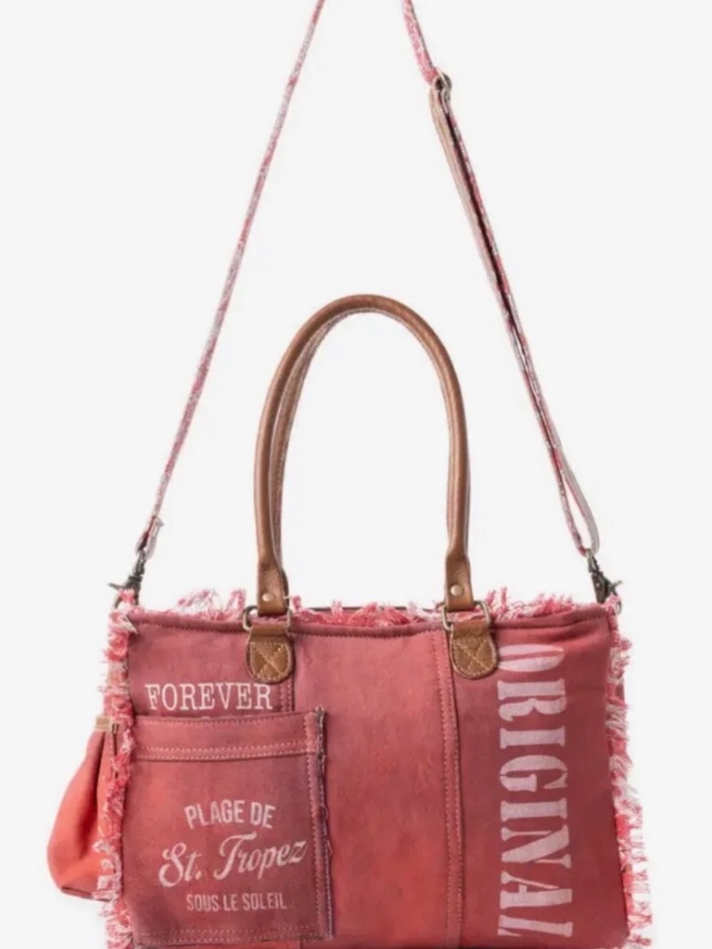 Myra Bag Rose Canvas Tote with Brown Handles and Frayed Trim - Picture 6 of 7